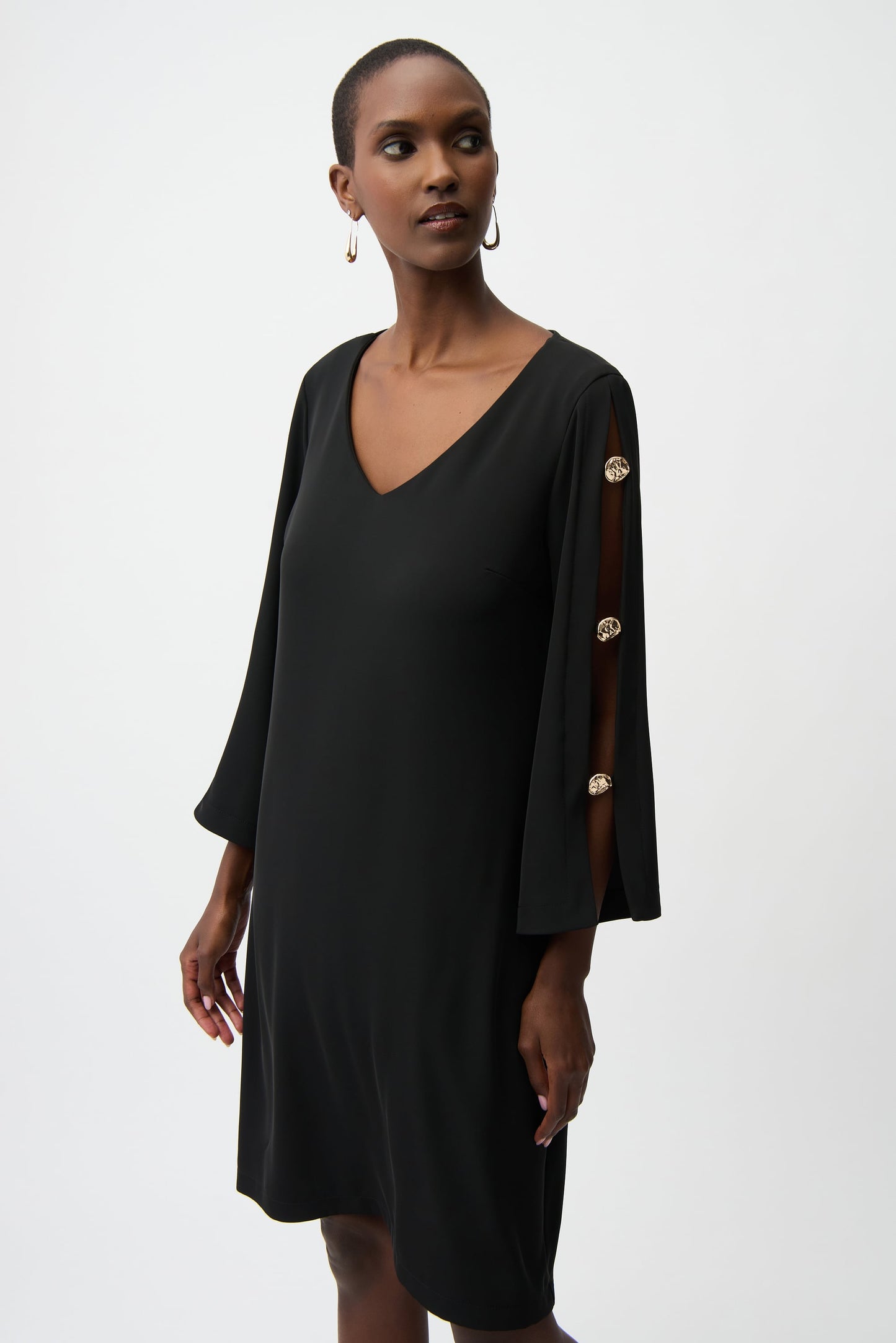 JOSEPH RIBKOFF Woven Twill Trapeze Dress With Gold Trimmed Slit Sleeves 261085 by