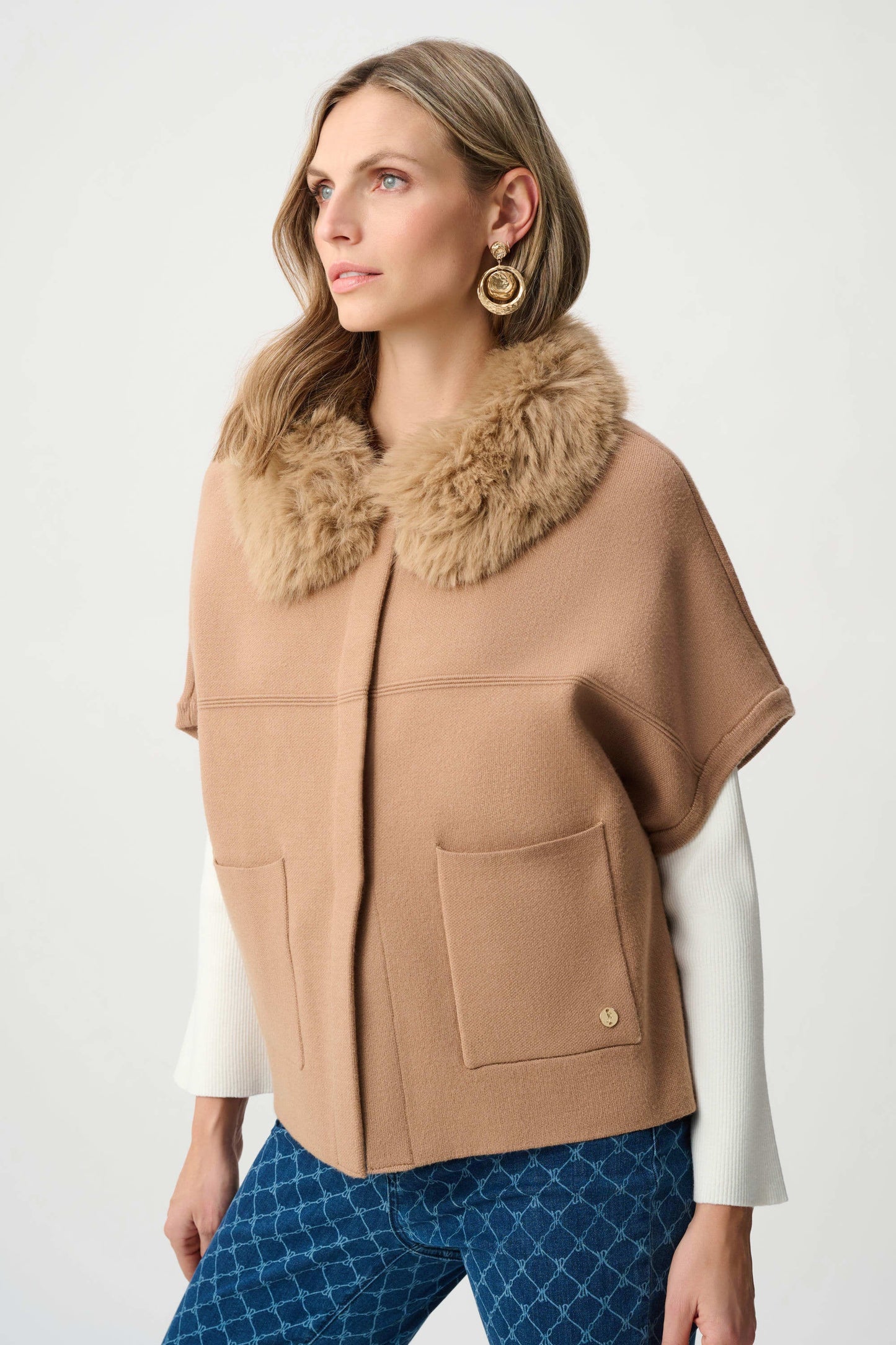 JOSEPH RIBKOFF 263949 Sweater Knit Jacket With Detachable Faux Fur Collar