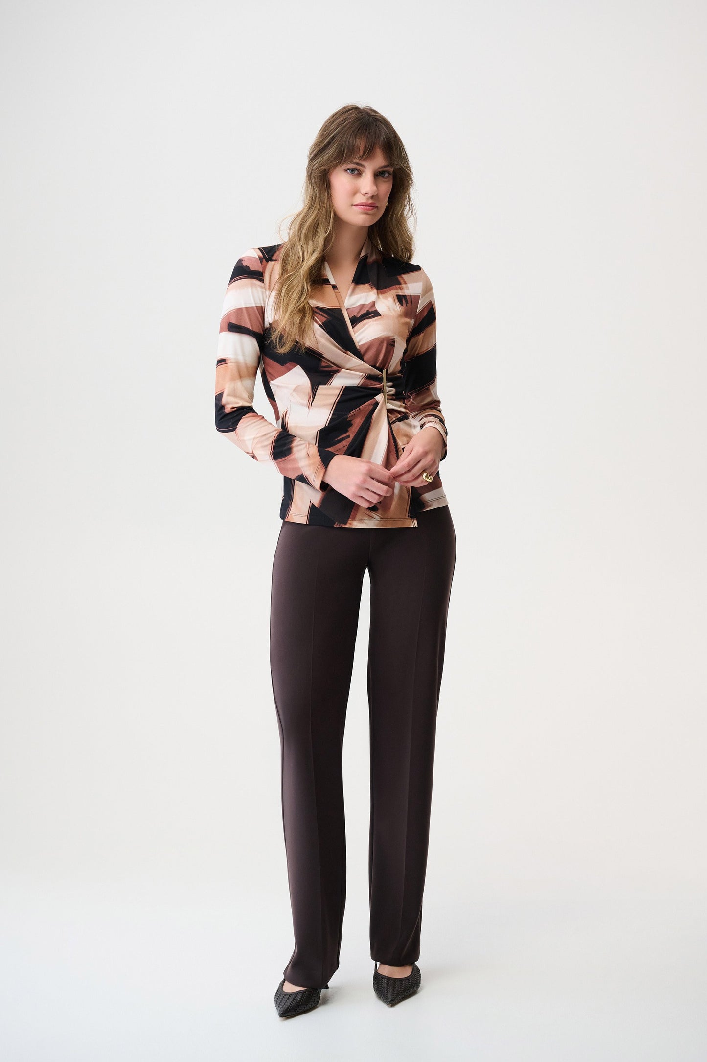 JOSEPH RIBKOFF 254218 Silky Knit Abstract Print Fitted Wrap Top in black/brown