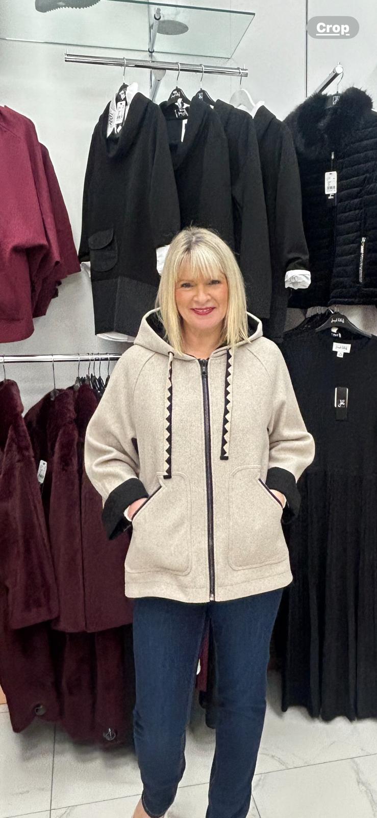 ZIA SHORT OVERALL WITH TWO-TONE DRAWN HOOD