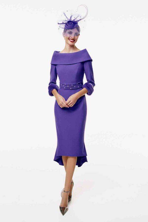 SALE- Gabriela Sanchez 7462 Bateau Neck Dress With Faux Fur Cuffs